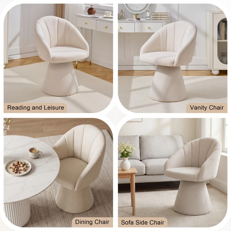 Elegant Swivel Accent Armchair with Curved Backrest, Chenille Vanity Chair with 360° Rotation and Armrests, 22.5'' L x 22" W x 31.5" H, Beige
