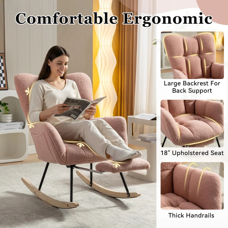 Snug Teddy Fabric Rocking Chair with Adjustable Footstool, Ergonomic Nursery Chair for Living Room Bedroom, 37-49'' L x 26"W x 35-36" H, Pink