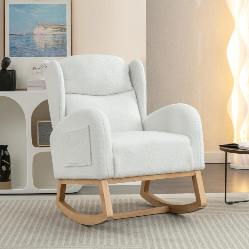 Elegant Teddy Fabric Rocking Chair with Ergonomic Backrest and Plush Filling, Accent Chair with Wooden Legs, 38'' L x 28" W x 40" H, Ivory