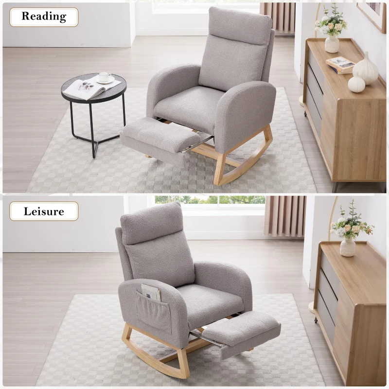 Snug Teddy Fabric Rocking Chair with Adjustable Footstool, Ergonomic Nursery Chair for Living Room, 35-49'' L x 27.5"W x 40-41.5" H, Light Gray