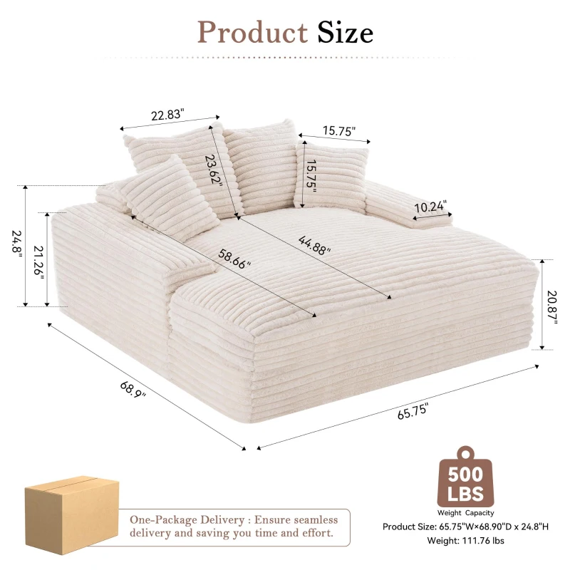 Oversized Corduroy Chaise Lounge Sofa with High-Resilience Foam, Plush Sleeper Couch for Living Room Apartment, 69'' L x 65.5"W x 24.5" H, Beige