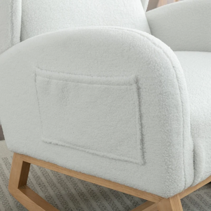 Elegant Teddy Fabric Rocking Chair with Ergonomic Backrest and Plush Filling, Accent Chair with Wooden Legs, 38'' L x 28" W x 40" H, Ivory