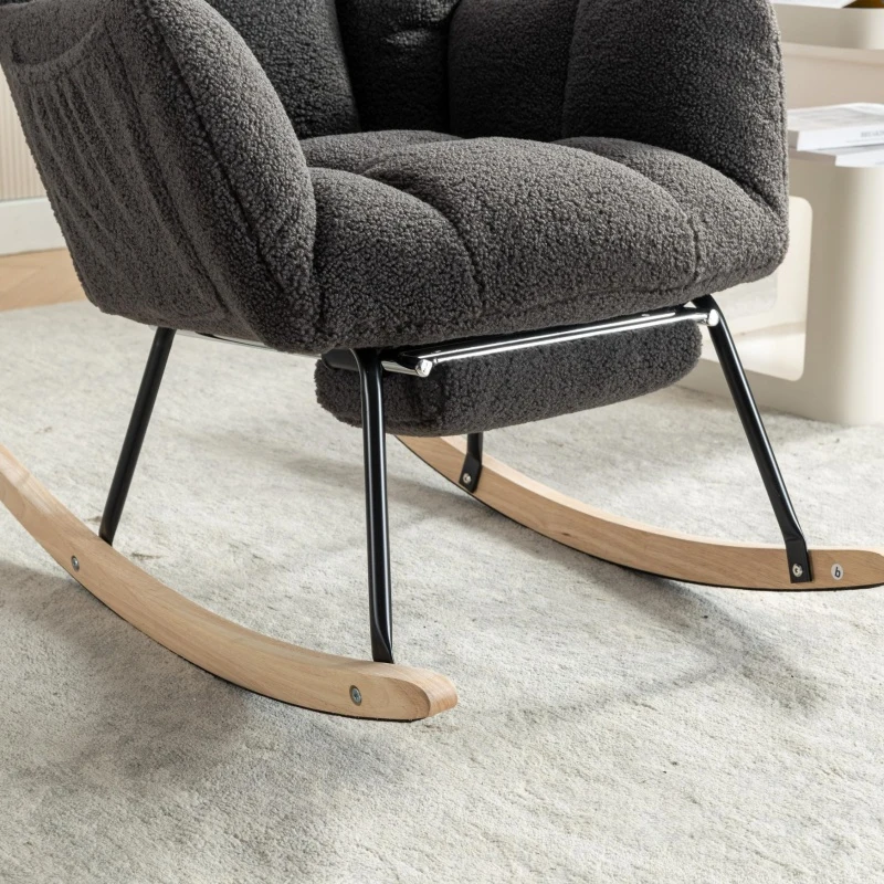 Soft Teddy Fabric Rocking Chair with Adjustable Footrest, Ergonomic Nursery Chair for Living Room , 37-49'' L x 26"W x 35-36" H, Dark Gray