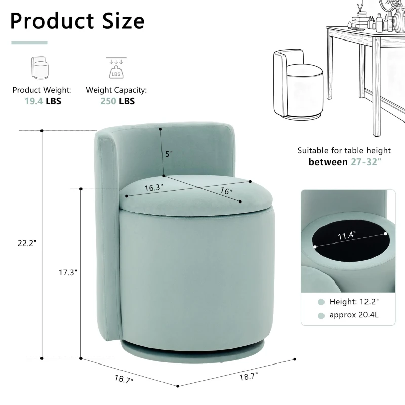 Elegant Velvet Accent Chair with 360° Swivel and 20L Hidden Storage, Chic Barrel Chair with Curved Backrest, 18.5'' L x 18.5" W x 22" H, Aqua