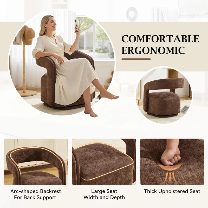 Elegant Swivel Accent Armchair with Curved Backrest, Soft Chenille Barrel Chair with 360° Rotation, Foam Seat, 27.5'' L x 25.5" W x 29" H, Brown