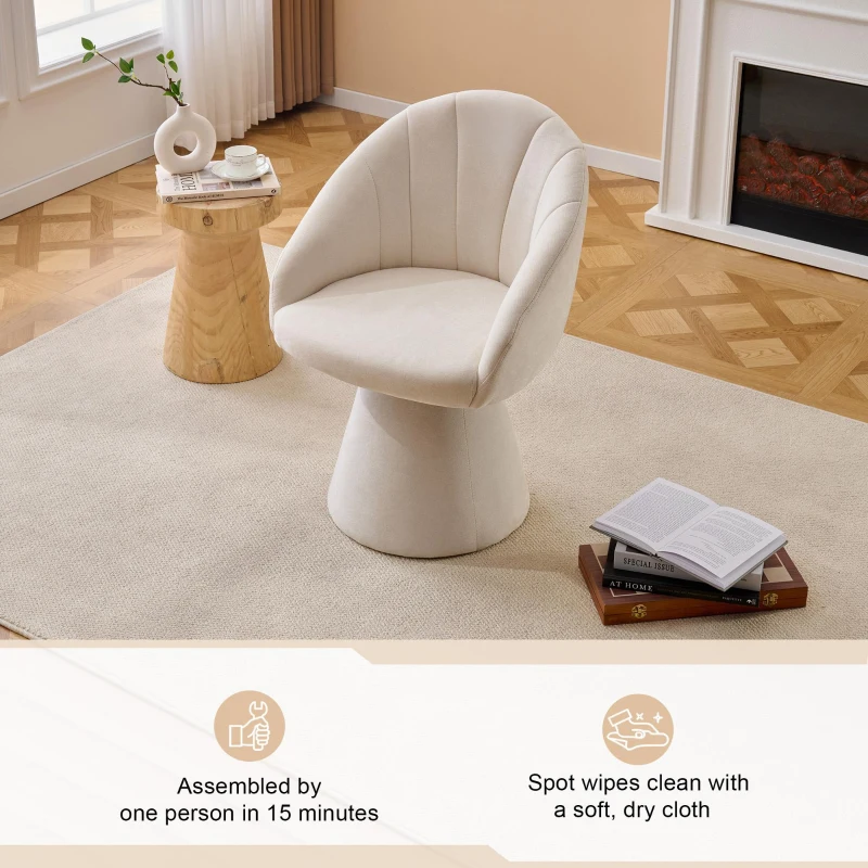 Elegant Swivel Accent Armchair with Curved Backrest, Chenille Vanity Chair with 360° Rotation and Armrests, 22.5'' L x 22" W x 31.5" H, Beige