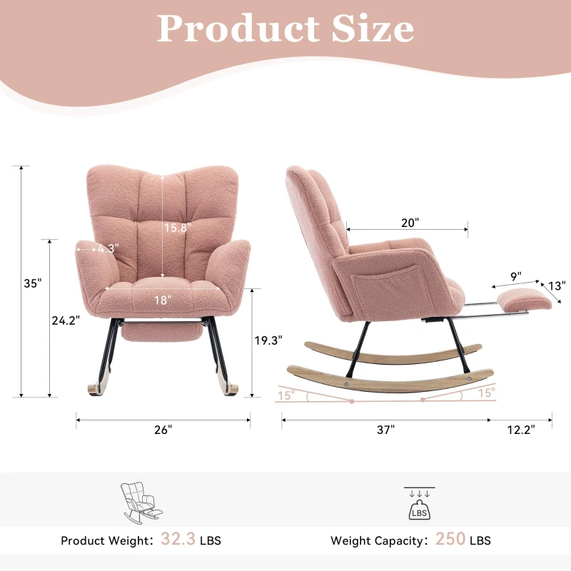 Snug Teddy Fabric Rocking Chair with Adjustable Footstool, Ergonomic Nursery Chair for Living Room Bedroom, 37-49'' L x 26"W x 35-36" H, Pink