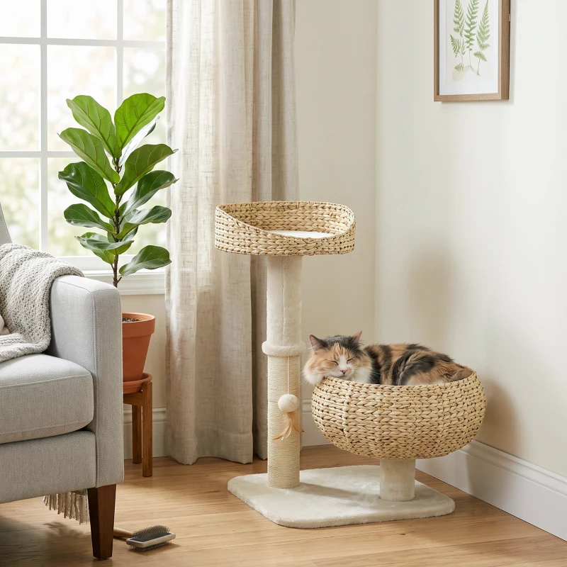 PawHut 28" Elevated Cat Bed with Sisal Scratching Post for Indoor Kitties, Modern Cat Tree with Cute Basket Design, Small Cat Tree with Fun Ball Toy