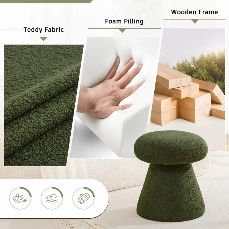 Mushroom-Shaped Swivel Ottoman with Teddy Upholstery, Chic Footstool with 360° Rotation and No Assembly, 16'' L x 16" W x 17.5" H, Green