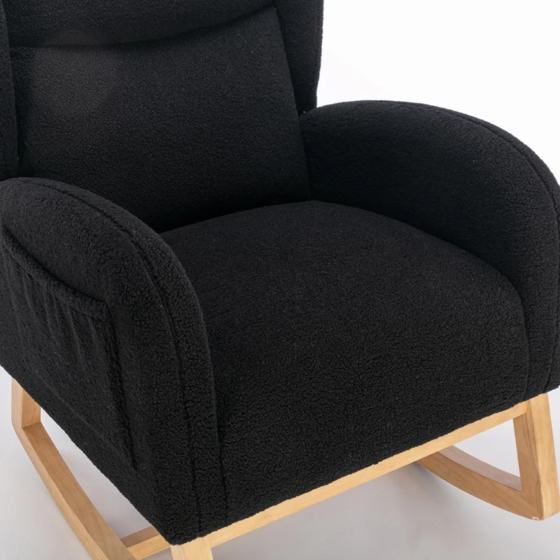 Cozy Teddy Fabric Rocking Chair with Wingback and Larger Seat, Ergonomic Nursery Chair for Living Room Bedroom, 38'' L x 28"W x 40" H, Black