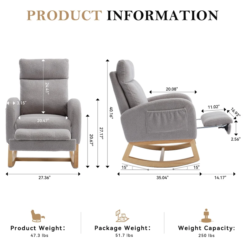 Snug Teddy Fabric Rocking Chair with Adjustable Footstool, Ergonomic Nursery Chair for Living Room, 35-49'' L x 27.5"W x 40-41.5" H, Light Gray