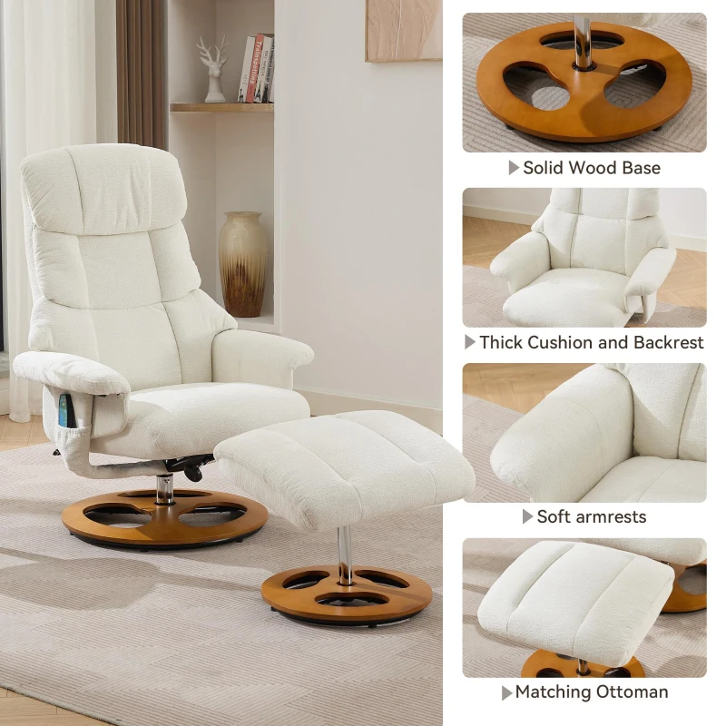 Ergonomic Recliner Chair with Ottoman and Massage, Cozy Swivel Lounge Chair with Heated Seat and 140° Recline, 32'' L x 33" W x 43.5" H, White