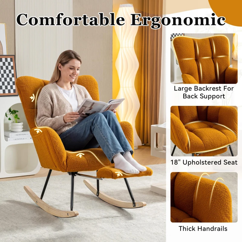 Cozy Teddy Fabric Rocking Chair with Adjustable Footstool, Ergonomic Nursery Chair for Living Room Bedroom, 37'' L x 26"W x 35" H, Caramel