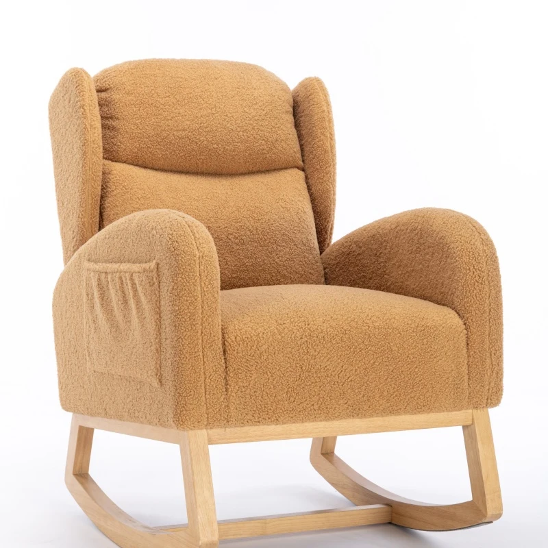 Elegant Teddy Fabric Rocking Chair with Ergonomic Backrest, Modern Lounge Chair with Wooden Frame and Legs, 38'' L x 28" W x 40" H, Khaki