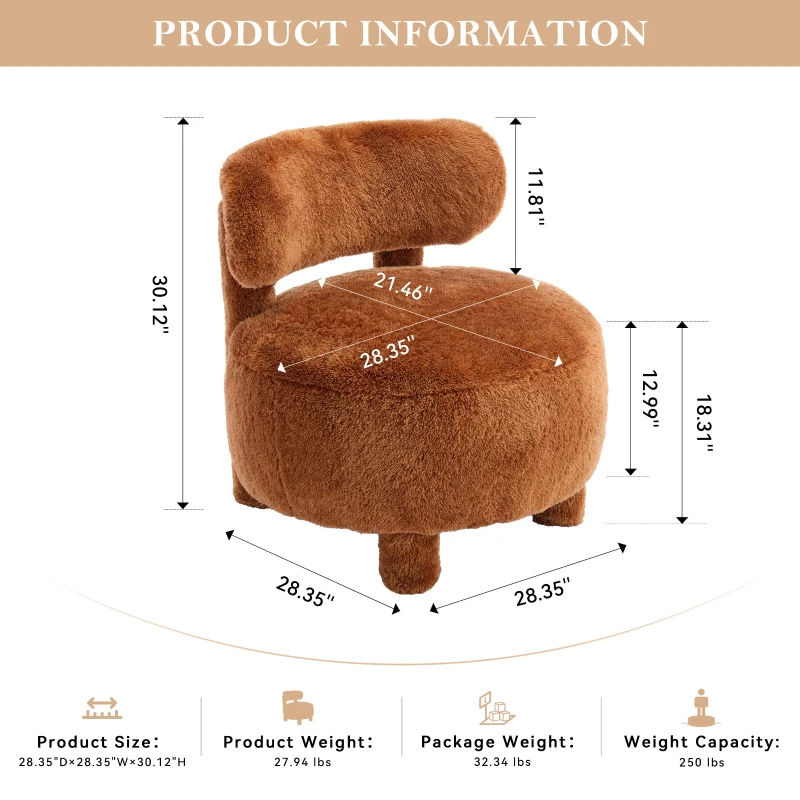 Cozy Fur Fabric Accent Chair with Padded Seat Cushion, Stylish Slipper Chair for Living Room Bedroom Vanity, 28.5'' L x 28.5"W x 30" H, Khaki