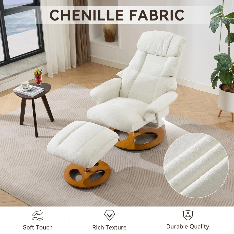 Ergonomic Recliner Chair with Ottoman and Massage, Cozy Swivel Lounge Chair with Heated Seat and 140° Recline, 32'' L x 33" W x 43.5" H, White