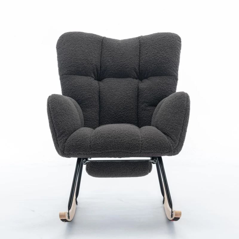 Soft Teddy Fabric Rocking Chair with Adjustable Footrest, Ergonomic Nursery Chair for Living Room , 37-49'' L x 26"W x 35-36" H, Dark Gray