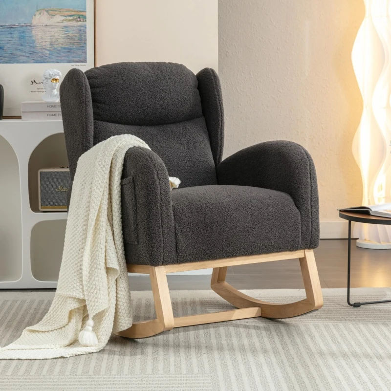 Elegant Teddy Fabric Rocking Chair with Ergonomic Backrest and Plush Filling, Accent Chair with Wooden Legs, 38'' L x 28" W x 40" H, Dark Gray