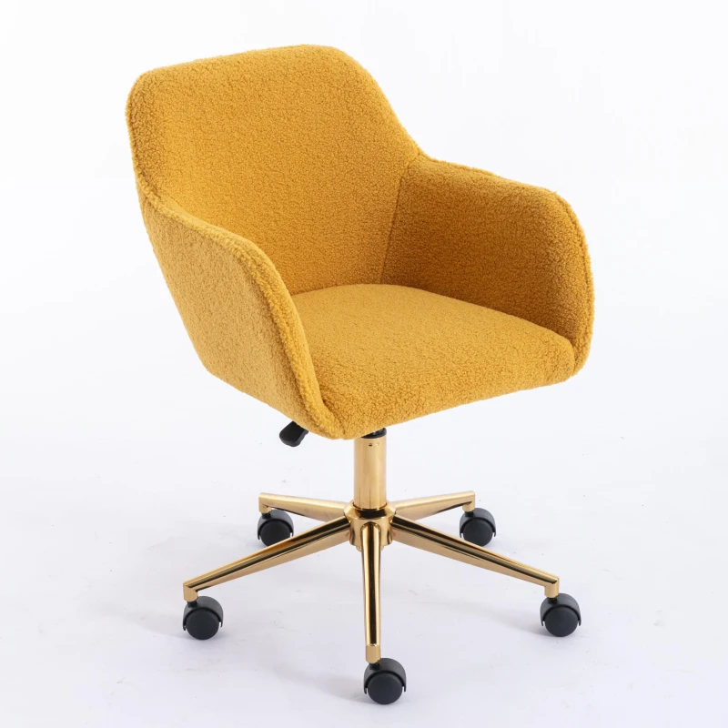 Sleek Teddy Fabric Office Chair with Adjustable Height and 360° Swivel, Ergonomic Chair with Gold Metal Base, 24.5'' L x 22.5" W x 33.5" H, Yellow