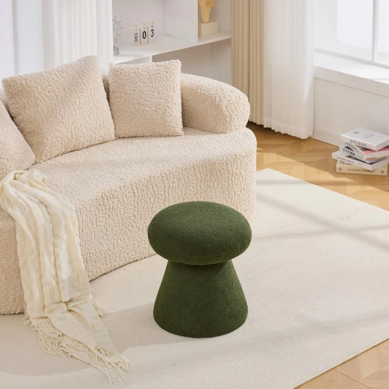 Mushroom-Shaped Swivel Ottoman with Teddy Upholstery, Chic Footstool with 360° Rotation and No Assembly, 16'' L x 16" W x 17.5" H, Green