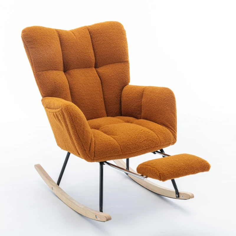 Cozy Teddy Fabric Rocking Chair with Adjustable Footstool, Ergonomic Nursery Chair for Living Room Bedroom, 37'' L x 26"W x 35" H, Caramel