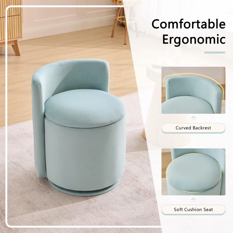 Elegant Velvet Accent Chair with 360° Swivel and 20L Hidden Storage, Chic Barrel Chair with Curved Backrest, 18.5'' L x 18.5" W x 22" H, Aqua