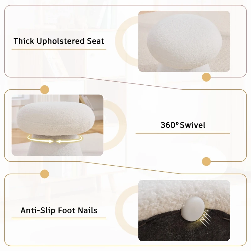 Cozy Teddy Fabric Mushroom Ottoman with 360-Degree Swivel, Versatile Shoe-Changing Stool for Bedroom Living Room, 16'' L x 16"W x 17.5" H, White
