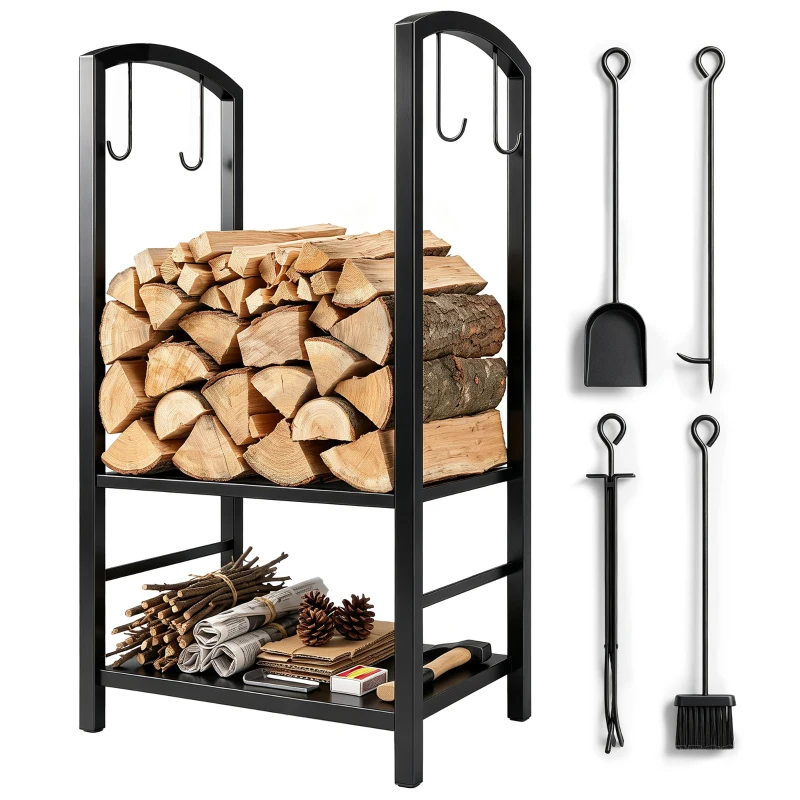 Outsunny 2-Tier Firewood Log Rack with 4 Tools, Fireplace Wood Storage Holder with Shovel, Broom, Poker, Tongs and Hooks, Black