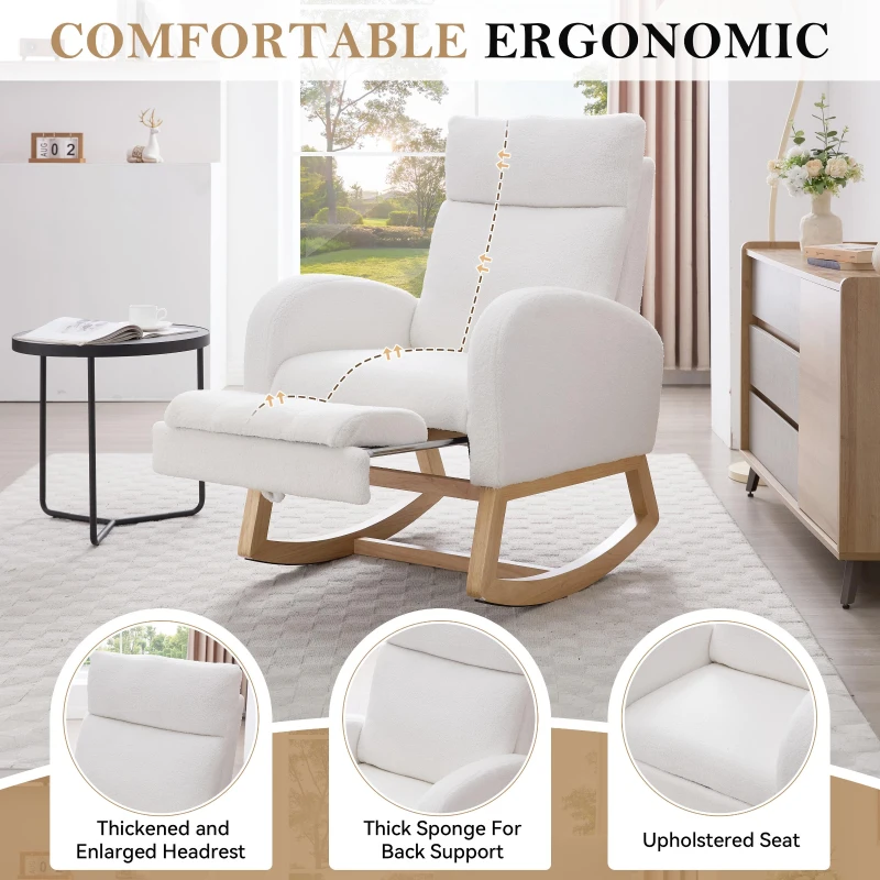 Cozy Teddy Fabric Rocking Chair with Adjustable Footstool, Ergonomic Nursery Chair for Living Room, 35-49'' L x 27.5"W x 40-41.5" H, White