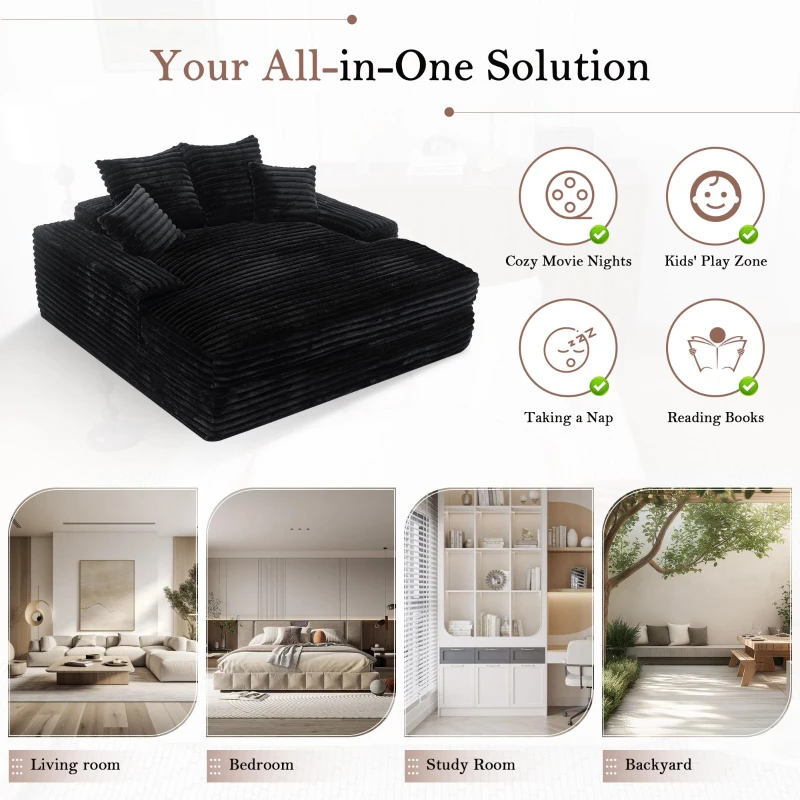 Oversized Corduroy Chaise Lounge Sofa with High-Resilience Foam, Cozy Sleeper Couch for Living Room Apartment, 69'' L x 65.5"W x 24.5" H, Black