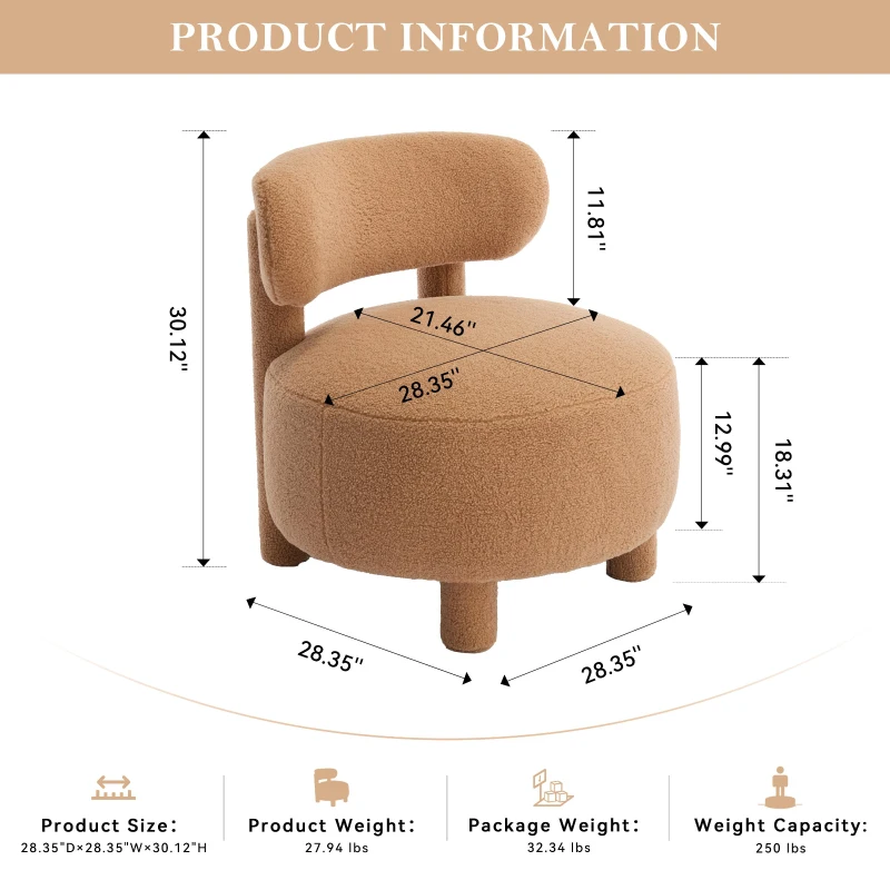Cozy Teddy Fabric Accent Chair with Padded Seat Cushion, Versatile Slipper Chair for Living Room Bedroom Vanity, 28.5'' L x 28.5"W x 30" H, Khaki