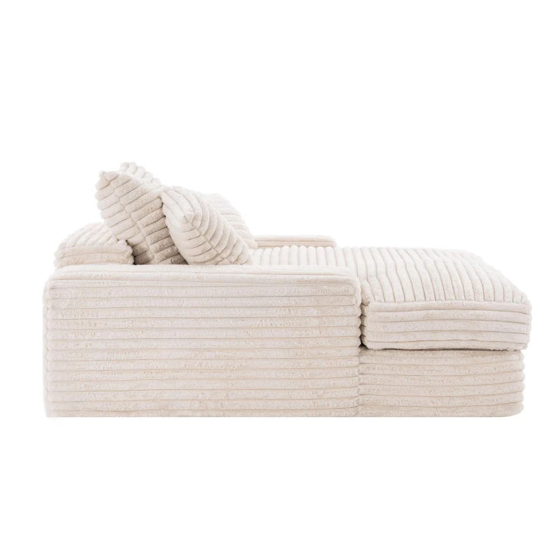 Oversized Chaise Sleeper Sofa with Corduroy, Pillows and Armrests, No-Assembly Lounge Chair for Living Room, 69'' L x 65.5" W x 24.5" H, Beige
