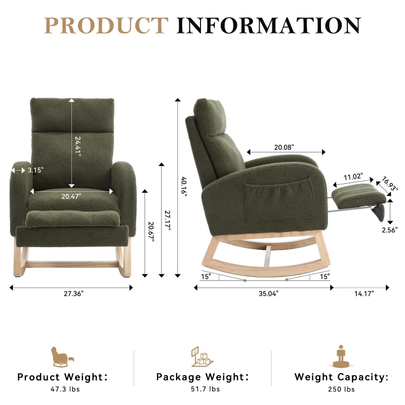 Plush Teddy Fabric Rocking Chair with Adjustable Footstool, Ergonomic Nursery Chair for Living Room, 35-49'' L x 27.5"W x 40-41.5" H, Green
