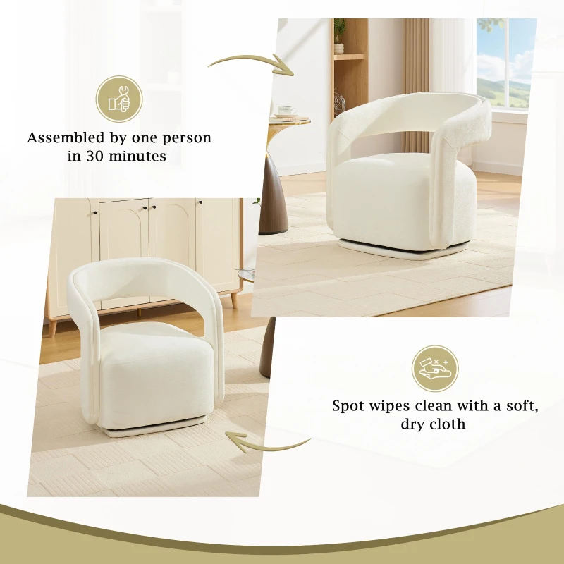 Cozy Chenille Swivel Accent Armchair with Curved Backrest, Stylish Barrel Leisure Chair for Living Room Study, 27.5'' L x 25.5"W x 29" H, White