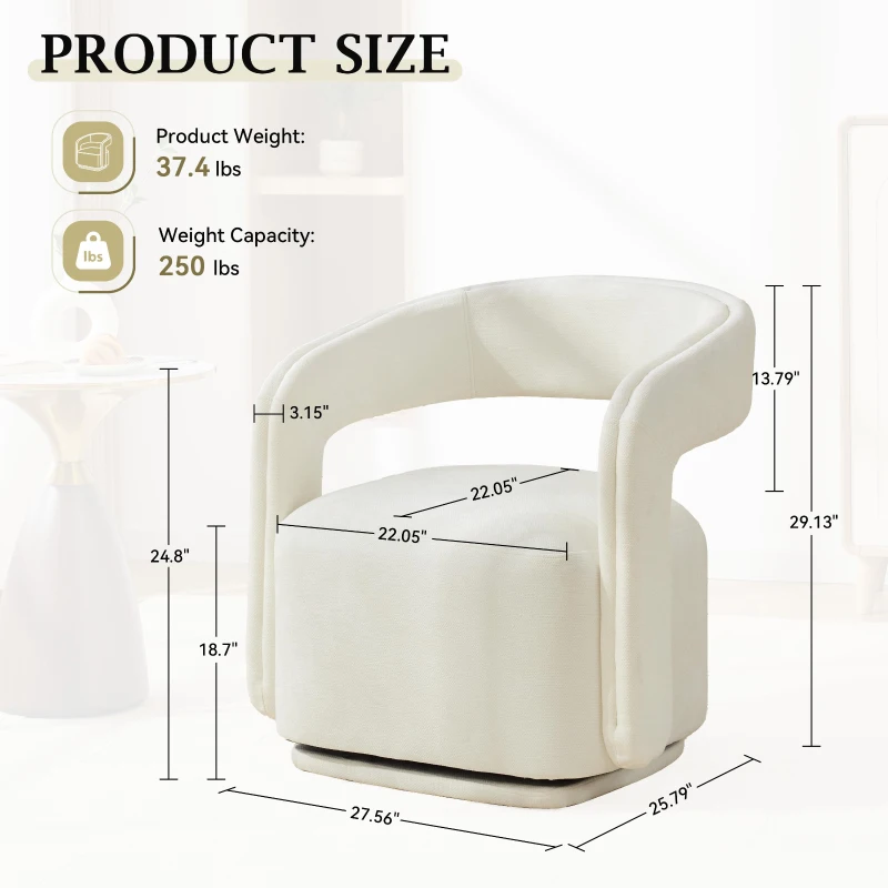 Cozy Chenille Swivel Accent Armchair with Curved Backrest, Stylish Barrel Leisure Chair for Living Room Study, 27.5'' L x 25.5"W x 29" H, White