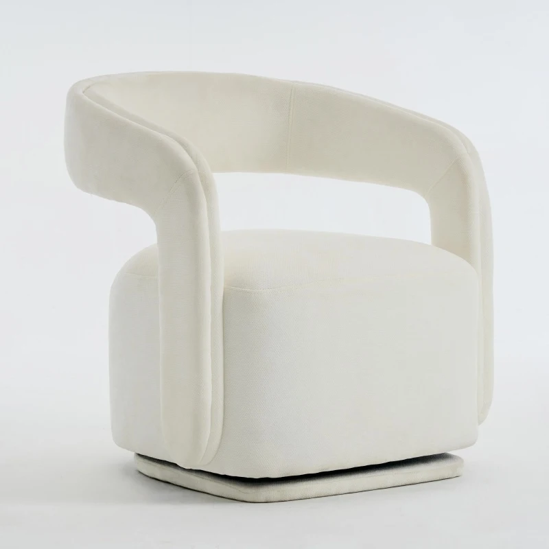 Cozy Chenille Swivel Accent Armchair with Curved Backrest, Stylish Barrel Leisure Chair for Living Room Study, 27.5'' L x 25.5"W x 29" H, White