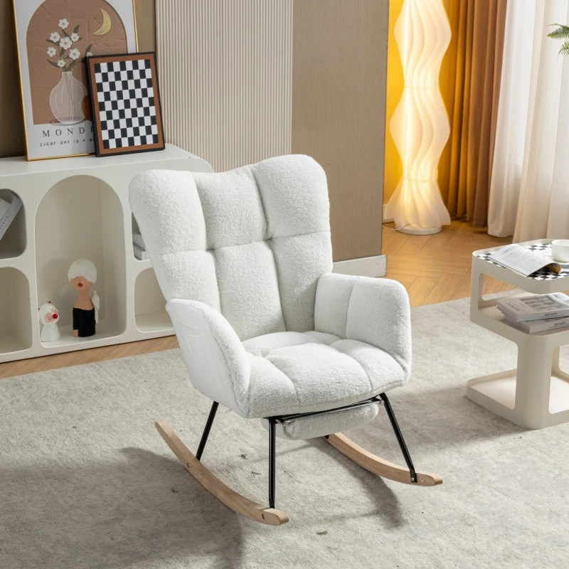 Plush Teddy Fabric Rocking Chair with Adjustable Footstool, Ergonomic Nursery Chair for Living Room Bedroom, 37-49'' L x 26"W x 35-36" H, Ivory