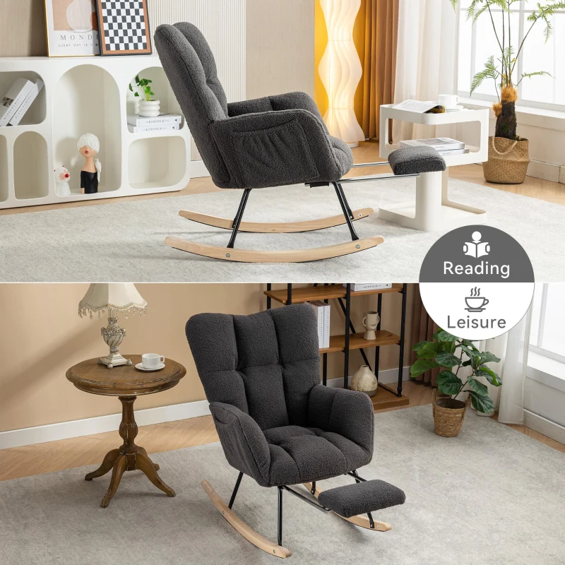 Soft Teddy Fabric Rocking Chair with Adjustable Footrest, Ergonomic Nursery Chair for Living Room , 37-49'' L x 26"W x 35-36" H, Dark Gray
