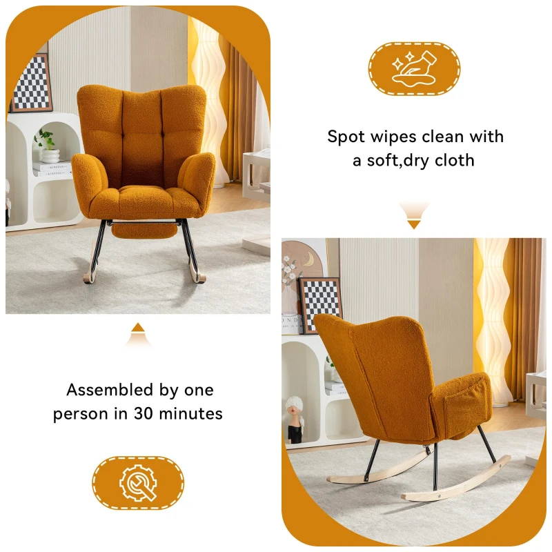 Cozy Teddy Fabric Rocking Chair with Adjustable Footstool, Ergonomic Nursery Chair for Living Room Bedroom, 37'' L x 26"W x 35" H, Caramel