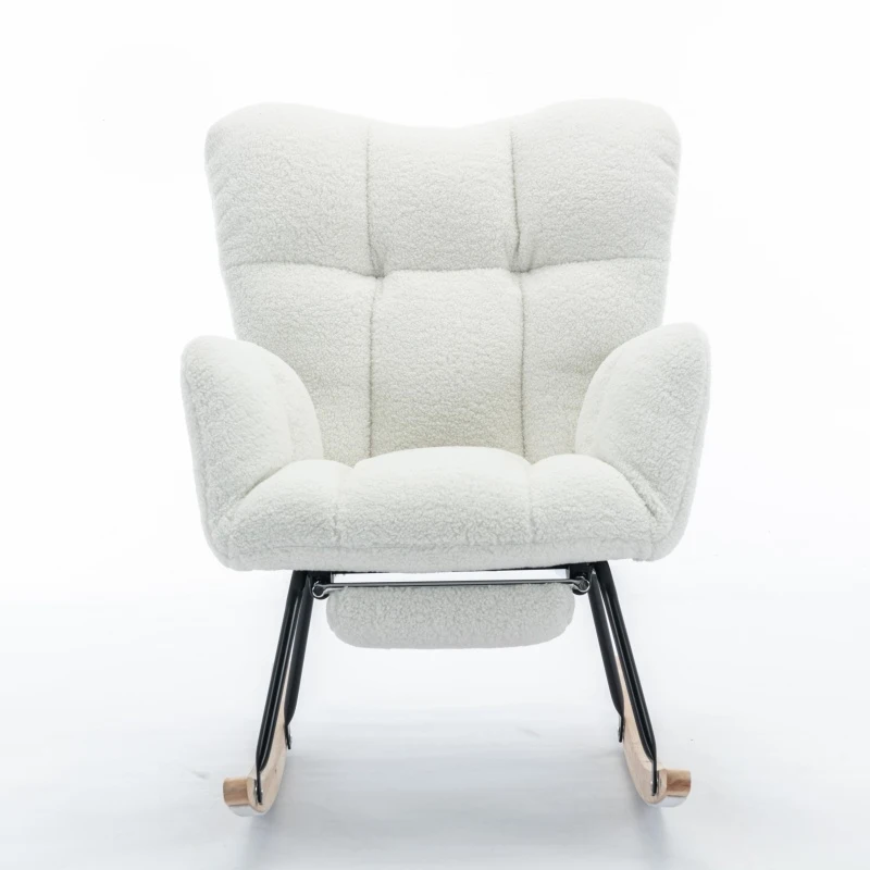 Plush Teddy Fabric Rocking Chair with Adjustable Footstool, Ergonomic Nursery Chair for Living Room Bedroom, 37-49'' L x 26"W x 35-36" H, Ivory