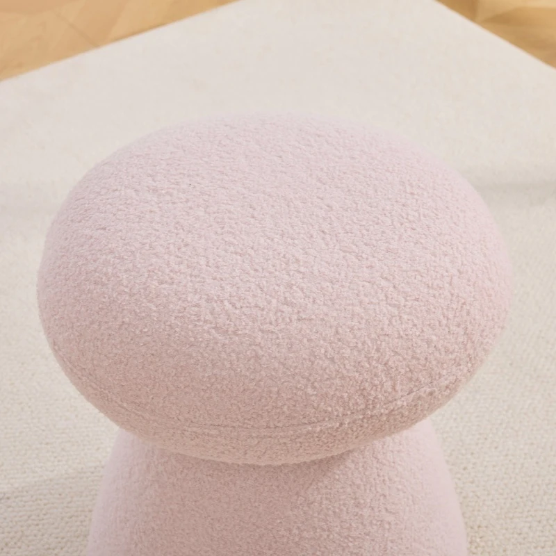 Cozy Mushroom Ottoman with Teddy Upholstery and 360° Swivel, Chic Footstool with Non-Slip Feet and No Assembly, 16'' L x 16" W x 17.5" H, Pink