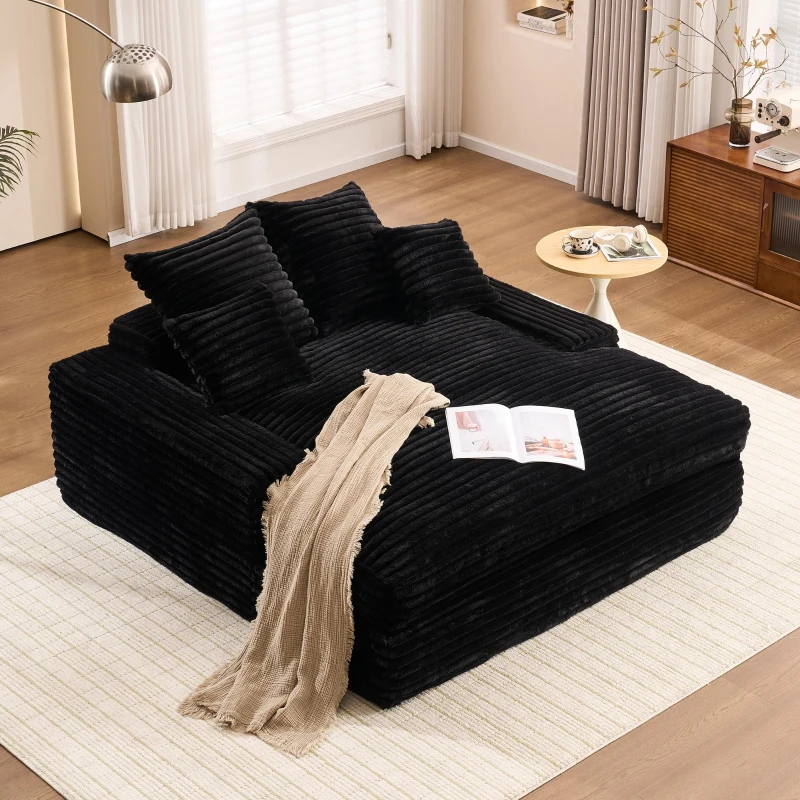 Oversized Corduroy Chaise Lounge Sofa with High-Resilience Foam, Cozy Sleeper Couch for Living Room Apartment, 69'' L x 65.5"W x 24.5" H, Black