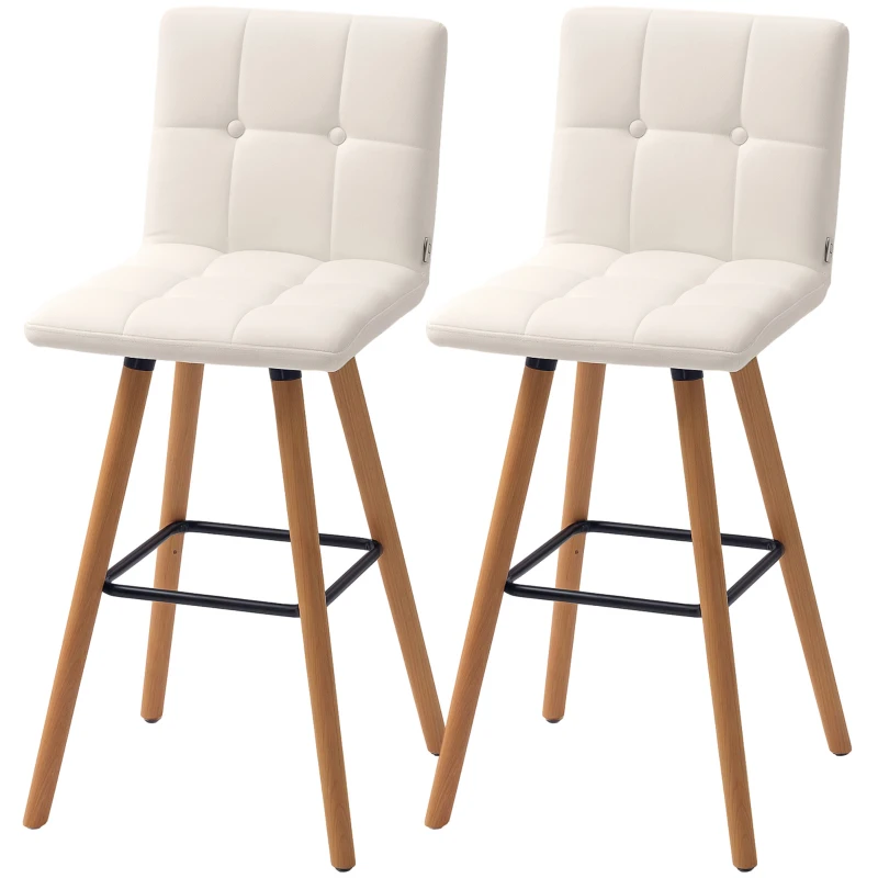 HOMCOM Modern Bar Stools Set of 2, 38" Upholstered Kitchen Island Stool with Solid Wood Legs, White