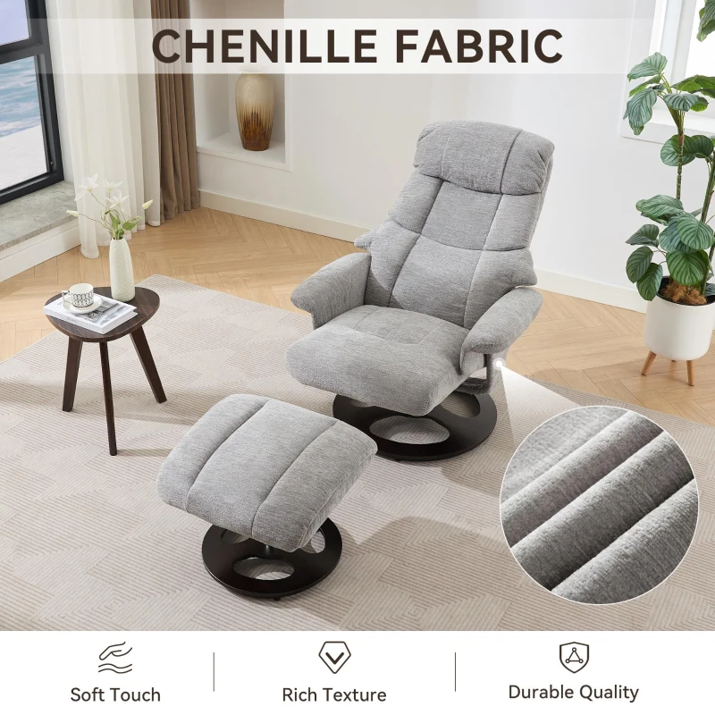 Ergonomic Recliner Chair with Ottoman and Massage, Cozy Swivel Lounge Chair with Heated Seat and 140° Recline, 32'' L x 33" W x 43.5" H, Grey