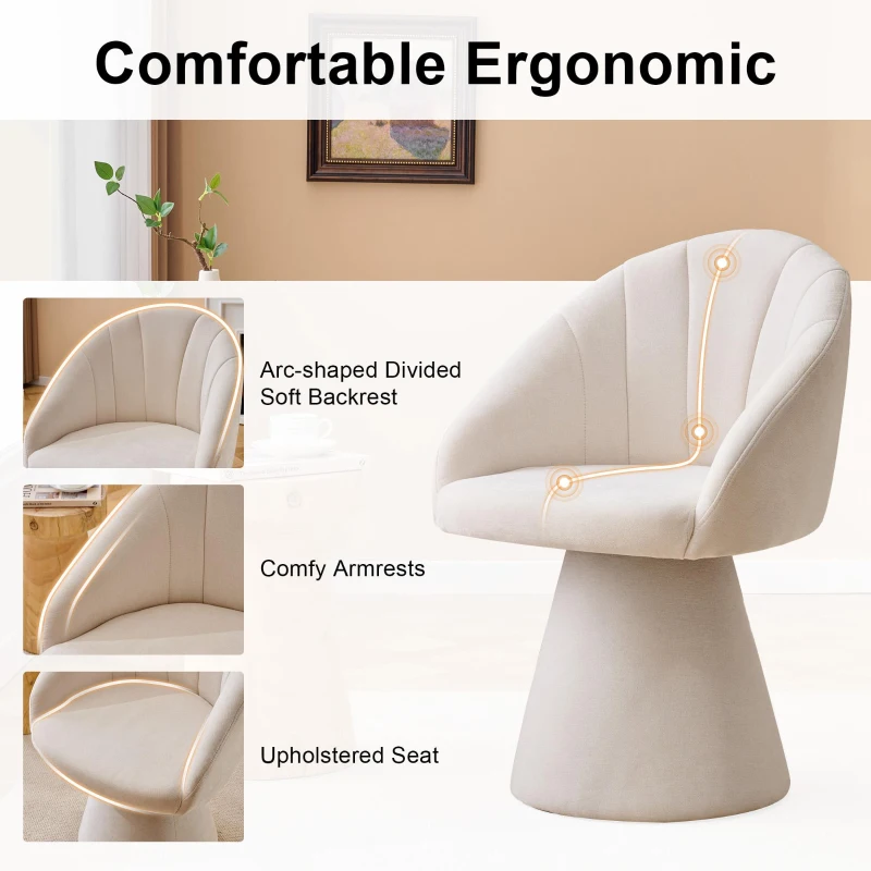 Elegant Swivel Accent Armchair with Curved Backrest, Chenille Vanity Chair with 360° Rotation and Armrests, 22.5'' L x 22" W x 31.5" H, Beige