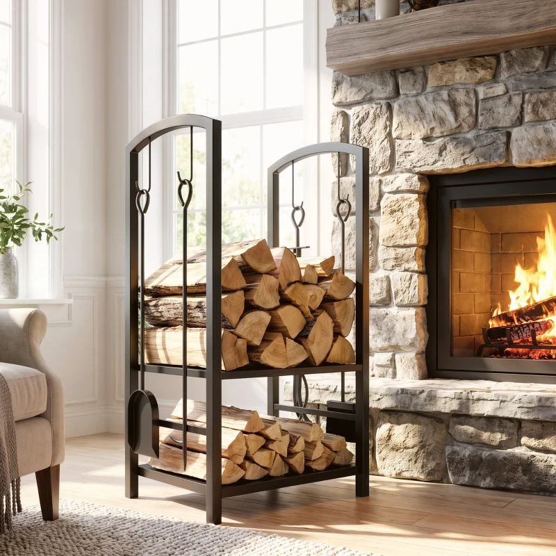 Outsunny 2-Tier Firewood Log Rack with 4 Tools, Fireplace Wood Storage Holder with Shovel, Broom, Poker, Tongs and Hooks, Black