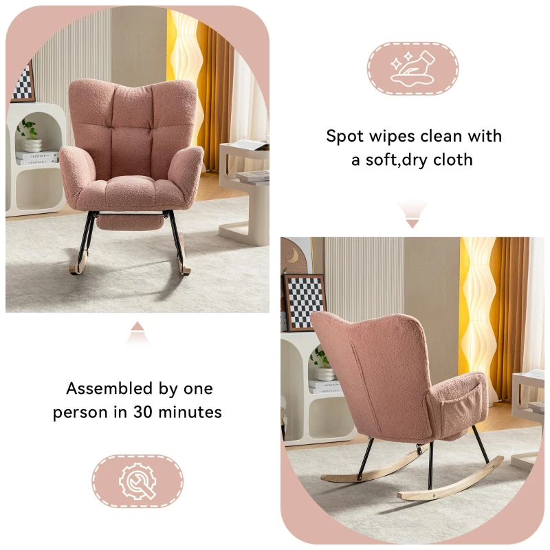 Snug Teddy Fabric Rocking Chair with Adjustable Footstool, Ergonomic Nursery Chair for Living Room Bedroom, 37-49'' L x 26"W x 35-36" H, Pink