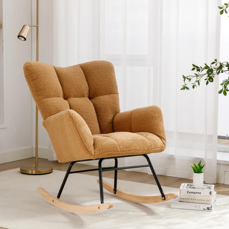 Cozy Teddy Fabric Glider Rocking Chair with Wooden Frame, Chic Nursery Accent Chair with 250 lb Capacity, 31.5'' L x 27.5" W x 37.5" H, Khaki
