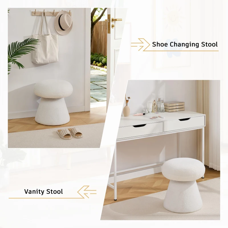 Cozy Teddy Fabric Mushroom Ottoman with 360-Degree Swivel, Versatile Shoe-Changing Stool for Bedroom Living Room, 16'' L x 16"W x 17.5" H, White