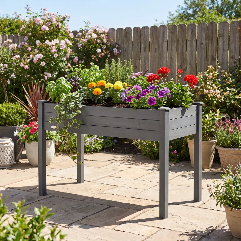 Outsunny 48" Raised Garden Bed, Elevated Wooden Planter Box with Holes for Vegetables, Herb, Flowers for Backyard, Dark Gray